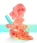  beverage breasts bubble_tea dripping female goo_creature hair hi_res humanoid looking_at_viewer not_furry nude panken pink_hair pink_skin simple_background smile solo straw translucent 