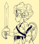  1girl belt circlet curly_hair dragon_quest dragon_quest_iv from_side gloves heroine_(dq4) highres lee_(dragon_garou) monochrome official_style serious sheath shield single_glove solo sword toriyama_akira_(style) weapon 