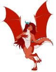  2019 3_toes 5_fingers anthro blue_eyes breasts digital_media_(artwork) dragon female fingers hi_res melamoryblack membrane_(anatomy) membranous_wings navel non-mammal_breasts nude red_skin scalie simple_background solo spines standing toes western_dragon white_background wings 