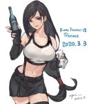  1girl 2019 bare_shoulders black_gloves black_hair black_legwear black_skirt bottle breasts cowboy_shot crop_top dated elbow_gloves final_fantasy final_fantasy_vii final_fantasy_vii_remake fingerless_gloves gloves highres holding large_breasts long_hair low-tied_long_hair miniskirt navel opiu red_eyes shirt signature skirt solo sports_bra suspender_skirt suspenders tank_top thighhighs tifa_lockhart very_long_hair white_shirt zettai_ryouiki 