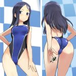  1girl alice_gear_aegis arm_at_side ass back_cutout bare_arms bare_shoulders blue_eyes blue_hair blush checkered checkered_background checkered_wall commentary competition_swimsuit from_behind hand_on_back hand_on_hip hand_on_leg light_smile long_hair looking_at_viewer multiple_views nikitou_kanade one-piece_swimsuit parted_hair shimada_fumikane standing straight_hair swimsuit 