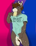  2019 absurd_res anthro antlers ball_tuft balls beverage bottomless cervid clothed clothing cup digital_media_(artwork) ear_piercing erection fur hair hi_res holding_object horn looking_at_viewer male mammal muscular muscular_male penis piercing purple_eyes shirt simple_background smile solo sylvane sylvanedadeer tattoo text topwear tuft 