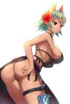  1girl ass black_swimsuit breasts dark_skin fire_emblem fire_emblem_heroes flower from_behind gradient_hair green_hair hair_flower hair_ornament highres laegjarn_(fire_emblem) large_breasts looking_back multicolored_hair orange_hair red_eyes shira_yu_ki short_hair simple_background solo swimsuit thigh_strap white_background 