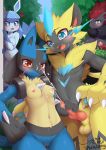  2019 animal_genitalia animal_penis anthro anthro_on_anthro balls being_watched blush bodily_fluids breasts canine_penis cum cumshot duo_focus eeveelution ejaculation erection female genital_fluids glaceon group handjob hi_res knot legendary_pok&eacute;mon looking_at_another lucario male male/female nintendo nipples nude orgasm penile penis pok&eacute;mon pok&eacute;mon_(species) pussy sex sheath signature video_games wolflong zeraora zoroark 