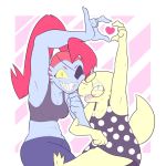  &lt;3 1:1 alphys animal_humanoid bottomwear bran-draws-things breasts cleavage clothed clothing dress duo eye_patch eyewear female female/female fish fish_humanoid fully_clothed glasses hair hi_res humanoid marine marine_humanoid midriff muscular muscular_female open_mouth open_smile pants red_hair reptile scalie sharp_teeth shirt smile tank_top teeth thick_tail topwear undertale undyne video_games yellow_eyes yellow_sclera 