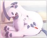  2019 absol anus bed blush eryz female feral hi_res looking_at_viewer lying nintendo on_bed on_side pillow pok&eacute;mon pok&eacute;mon_(species) presenting presenting_pussy pussy raised_leg solo video_games 