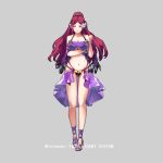  1girl bikini breasts cleavage closed_mouth conope fire_emblem fire_emblem_heroes flower full_body grey_background hair_flower hair_ornament large_breasts loki_(fire_emblem) long_hair navel ponytail purple_eyes purple_hair simple_background smile solo swimsuit 