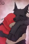  2018 anthro black_fur blokfort canid canine canis clothed clothing duo female fur hair hug human human_on_anthro humanoid_hands interspecies little_red(alfa_barf) little_red_riding_hood little_red_riding_hood_(copyright) male male_on_anthro mammal volfa_(alfa_barf) wolf 