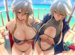  2girls ahoge artoria_pendragon_(all) artoria_pendragon_(lancer) artoria_pendragon_(lancer_alter) bangs bikini blonde_hair blue_bikini blush braid breasts cleavage closed_mouth collarbone crown_braid cup day eyebrows_visible_through_hair fate/grand_order fate_(series) french_braid green_eyes groin hair_between_eyes hair_ornament head_tilt highleg highleg_swimsuit holding holding_cup horns large_breasts long_hair looking_at_viewer multiple_girls navel open_mouth outdoors ribbed_swimsuit satou_daiji sidelocks stomach swimsuit undressing yellow_eyes 