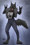 2018 anthro big_breasts black_claws black_clothing black_fur black_nose black_shirt black_topwear blokfort bottomwear breasts canid canine canis claws clothed clothing digitigrade female fur jeans mammal pants pink_tongue shirt solo tongue tongue_out topwear volfa_(alfa_barf) wolf yellow_eyes 
