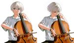  1boy absurdres bishounen black_pants blue_eyes bow_(instrument) cello hair_between_eyes highres instrument looking_at_viewer multiple_boys multiple_views music original p_la_s_ma pants playing_instrument shirt sitting watch white_background white_shirt wristwatch 