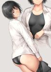  1girl amagami ass back black_eyes black_hair blush breasts closed_mouth collarbone collared_shirt competition_swimsuit grey_background half-closed_eyes highleg highleg_swimsuit looking_at_viewer medium_breasts multiple_views nanasaki_ai nozomi-y one-piece_swimsuit shirt short_hair simple_background skirt skirt_pull smile solo swimsuit v-shaped_eyebrows 