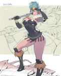  1girl alita:_battle_angel battle_angel_alita blue_hair boots breasts commentary commission elbow_gloves english_commentary gloves knee_boots knee_pads leotard mace medium_breasts mohawk over_shoulder purple_eyes rejean_dubois robot_ears scarf shrug_(clothing) solo strapless strapless_leotard thighs weapon weapon_over_shoulder zoom_layer 