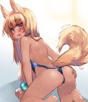  1girl all_fours animal_ear_fluff animal_ears ass backless_outfit backless_swimsuit bangs bare_arms bare_back bare_shoulders blue_swimsuit blush brown_hair casual_one-piece_swimsuit eyebrows_visible_through_hair fingernails fox_ears fox_girl fox_tail from_behind hand_on_own_ass long_hair looking_at_viewer looking_back low-tied_long_hair one-piece_swimsuit open_mouth original red_eyes sharp_teeth solo swimsuit tail teeth thick_eyebrows toba_hiyoko very_long_hair wet 