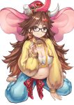  1girl bindi blue_pants bow breasts brown_eyes brown_hair cleavage closed_mouth fate/grand_order fate_(series) food food_on_face full_body ganesha_(fate) glasses jewelry jinako_carigiri large_breasts long_hair looking_at_viewer maekawa_yuichi midriff navel necklace pants plump sandals simple_background sitting smile solo striped striped_bow waist_bow wariza white_background 