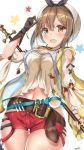  1girl :d atelier_(series) atelier_ryza bangs belt belt_buckle blush breasts brown_gloves buckle detached_sleeves eyebrows_visible_through_hair gloves hair_ornament hairclip hat highres jewelry light_brown_hair looking_at_viewer navel necklace open_mouth playing_with_own_hair red_shorts reisalin_stout round-bottom_flask shirt short_shorts shorts skindentation smile staff star star_necklace sunsun2812 thigh_gap thighs upper_teeth white_background white_headwear white_shirt wristband yellow_eyes 