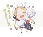 1girl abigail_williams_(fate/grand_order) apron bangs black_skirt blonde_hair bow butterfly_hair_ornament chibi closed_eyes fate/grand_order fate_(series) hair_ornament heroic_spirit_chaldea_park_outfit key long_hair maid maid_apron maid_headdress mary_janes open_mouth orange_bow parted_bangs shoes skirt sleeves_past_fingers sleeves_past_wrists smile stuffed_animal stuffed_toy teddy_bear tentacles totatokeke translation_request white_bow 