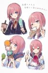  1girl bangs blazer blue_eyes blush braid bubble_tea closed_mouth commentary cup eating food holding holding_cup holding_food holding_spoon hood hood_down ice_cream ice_cream_cone jacket kaf long_hair looking_at_viewer low_twin_braids multicolored multicolored_eyes multiple_views one_eye_closed open_mouth pink_hair popsicle red_eyes roll_okashi school_uniform shaved_ice simple_background sketch soft_serve spoon twin_braids v virtual_kaf virtual_youtuber yellow_eyes 