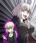  2girls ahoge artist_name artoria_pendragon_(all) blonde_hair breast_envy bubble_tea_challenge burbur cup eyebrows_visible_through_hair fate_(series) fur_trim jacket jeanne_d&#039;arc_(alter)_(fate) jeanne_d&#039;arc_(fate)_(all) multiple_girls open_mouth saber_alter short_hair simple_background tongue tongue_out white_hair yellow_eyes 