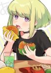  1boy blonde_hair blush earrings eating food green_hair hamburger highres jewelry karokuchitose lio_fotia looking_at_viewer male_focus open_mouth promare purple_eyes solo 