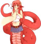  1boy 1girl bangs bare_shoulders belt blush breasts commission eyebrows_visible_through_hair hair_between_eyes hair_ornament hairclip hand_kiss heart holding_hands jewelry kiss lamia large_breasts long_hair looking_at_viewer midriff miia_(monster_musume) miniskirt monster_girl monster_musume_no_iru_nichijou navel onomatopoeia paid_reward patreon_reward pointy_ears pov pov_hands red_hair ring rtil scales simple_background skirt solo_focus tail tank_top wedding_band white_background yellow_eyes 