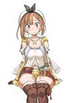  1girl :o atelier_(series) atelier_ryza b.u.e.r. belt beret brown_eyes brown_gloves brown_hair collarbone commentary_request eyebrows_visible_through_hair flask gloves hair_ornament hairclip hat hitotose_rin jewelry koukaku_no_pandora micro_shorts necklace open_mouth pouch red_shorts reisalin_stout round-bottom_flask short_hair shorts simple_background sitting solo star star_necklace thighs white_background 