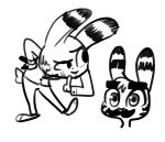  2019 ambiguous_gender anthro barefoot black_and_white clothed clothing disney ear_markings facial_hair facial_markings fuel_(artist) fur fur_markings gun hand_on_hip handgun head_markings head_tuft holding_object holding_weapon jack_savage lagomorph leaning leaning_forward leporid mammal markings monochrome mustache pistol rabbit ranged_weapon shush simple_background smile solo weapon white_background zootopia 