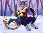  2017 4_toes anthro brown_nose cheetah citrinelle clothed clothing detailed_background digital_media_(artwork) digitigrade duo felid feline female fur grey_fur hybrid leopard lynx male mammal open_mouth pantherine sitting smile spots spotted_fur teeth toes tongue 