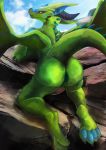  2019 4_toes absurd_res animal_genitalia anthro anus back_spines blue_markings brown_eyes butt claws detailed_background digital_media_(artwork) digitigrade dragon erection genital_slit green_tail head_spines hi_res hindpaw horn looking_at_viewer male markings membrane_(anatomy) membranous_wings nude ollie_(overgrown_lizards) outside pawpads paws penis plive presenting presenting_hindquarters scalie slit slit_pupils smile solo tail_spines thick_tail toe_claws toes western_dragon wings 