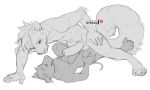  2019 anthro balls big_penis canid canine digital_media_(artwork) domination duo felid feline hair half-erect humanoid_penis kyrosh male mammal nude penis short_hair size_difference smile smirk uncut 