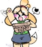  &lt;3 animal_crossing bell big_ears blush bottomwear canid canine canis clothed clothing colored_sketch dipstick_tail domestic_dog english_text eyes_closed featureless_hands female fur gesture hair happy holding_(disambiguation) isabelle_(animal_crossing) mammal motion_blur multicolored_tail nintendo open_mouth paws punchii shih_tzu shirt sign sketch skirt speech_bubble text topwear toy_dog video_games waving wholesome yellow_fur 