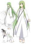  1girl 1other androgynous black_hair breasts collarbone commentary_request enkidu_(fate/strange_fake) eyebrows_visible_through_hair fate/grand_order fate/strange_fake fate_(series) green_eyes green_hair hair_between_eyes ishtar_(fate/grand_order) jewelry long_hair looking_at_viewer multiple_views robe shiseki_hirame single_thighhigh smile solo_focus thighhighs two_side_up weapon white_legwear wolf 