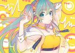  1girl 2019 :o armpits arms_up black_hairband blue_eyes blue_hair breasts character_name circle cleavage commentary_request dated eyebrows_visible_through_hair eyelashes fingernails hair_between_eyes hairband hatsune_miku headphones heartbeat jacket looking_away midriff multicolored_hair orange_background orange_nails orange_neckwear orange_shirt parted_lips pink_hair polka_dot polka_dot_background see-through shirt signature simple_background small_breasts solo star strapless streaked_hair tama_(songe) tubetop two-tone_hair upper_body vocaloid 