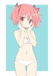  1girl :o bare_arms bare_shoulders blue_background blush bra breasts cleavage commentary cowboy_shot expressionless eyebrows_visible_through_hair groin_tendon hair_ribbon hands_on_own_cheeks hands_on_own_face head_tilt highres kaname_madoka looking_at_viewer mahou_shoujo_madoka_magica navel panties parted_lips pink_eyes pink_hair rectangle red_ribbon ribbon short_twintails simple_background small_breasts solo stomach thighs tsubaki_(tatajd) twintails two-tone_background underwear underwear_only white_background white_bra white_panties white_ribbon 