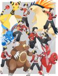  1boy ampharos azumarill backwards_hat black_hair gen_2_pokemon gold_(pokemon) hat highres hood hoodie insect_wings poke_ball poke_ball_(generic) pokemon pokemon_(creature) pokemon_(game) pokemon_gsc pokemon_sm scizor shorts smile typhlosion umbreon wings yukin_(es) 