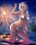  1girl anbe_yoshirou bare_shoulders basket beach bikini blonde_hair bracelet breasts cleavage collarbone commentary_request copyright_request dark_skin demon_girl demon_horns demon_tail earrings fingernails flower food fruit full_body hand_up highres horns jewelry kneeling lamp long_hair looking_at_viewer medium_breasts nail_polish night night_sky outdoors parted_lips plant sandals shiny shiny_hair shiny_skin sky smile solo star_(sky) starry_sky succubus sweat sweatdrop swimsuit tail thighs tied_hair yellow_eyes 