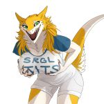  1:1 2017 alekronov anthro big_breasts bottomwear breasts claws clothing english_text female fur green_eyes hi_res long_nails looking_at_viewer mega_milk natalie_de_corsair open_mouth sergal shirt shorts simple_background smile solo teeth text tongue topwear white_background white_fur yellow_fur 