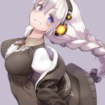  1girl bangs braid breasts dress eyebrows_visible_through_hair eyes_visible_through_hair grey_dress grey_jacket hair_between_eyes headphones jacket kizuna_akari long_hair looking_at_viewer medium_breasts mochi_(mochi444420) open_clothes open_jacket pink_pupils puffy_sleeves purple_eyes silver_hair single_braid smile solo star vocaloid voiceroid 