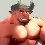  1:1 abs anthro biceps bovid bovine bozi cattle darius_(kemo_coliseum) facial_hair fur hair hi_res horn kemo_coliseum male mammal muscular muscular_male nipples pecs red_eyes red_fur smile solo 