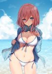  1girl :o ass_visible_through_thighs bangs bikini bison_cangshu blue_eyes blue_jacket blue_sky blush breasts cleavage cloud cloudy_sky collarbone commentary_request cowboy_shot day front-tie_bikini front-tie_top go-toubun_no_hanayome groin hair_between_eyes headphones headphones_around_neck highres horizon jacket large_breasts long_hair long_sleeves looking_at_viewer nakano_miku navel ocean open_clothes open_jacket parted_lips red_hair side-tie_bikini sky solo standing stomach swimsuit thighs water white_bikini 