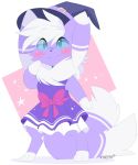  2019 anthro blue_eyes blush clothing digital_media_(artwork) dress felid feline female fur hat headgear headwear hi_res mammal meowstic nintendo pixelyteskunk pok&eacute;mon pok&eacute;mon_(species) purple_fur simple_background solo video_games witch_hat zen_meowstic 