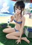  1girl :d absurdres barefoot beach bikini black_hair blue_bikini blue_eyes blue_hair blue_sky bottle bracelet breasts cleavage cloud collarbone day food full_body gradient_hair halterneck highres holding holding_food hoshikawa_shiori ice_cream jewelry kayama_kouji looking_at_viewer medium_breasts multicolored_hair navel open_mouth original outdoors popsicle shiny shiny_hair side-tie_bikini sitting sky smile solo swimsuit wariza water_bottle 