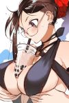  1girl black_swimsuit breast_lift breasts brown_eyes brown_hair bubble_tea bubble_tea_challenge consort_yu_(fate) earrings fate/grand_order fate_(series) glasses highres jewelry large_breasts swimsuit tamawo222 tied_hair 