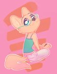  2019 abstract_background ambiguous_gender anthro arctic_fox blue_eyes canid canine cheek_tuft claws clothed clothing disney elbow_tufts eyewear fox fuel_(artist) furgonomics glasses looking_at_viewer looking_back mammal midriff pawpads pink_background rear_view shoulder_tuft simple_background sitting skye_(zootopia) solo tail_clothing toe_claws tuft zootopia 