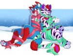  2017 4_toes anthro blue_fur canid canine citrinelle digital_media_(artwork) digitigrade duo felid fur mammal open_mouth pantherine purple_eyes purple_nose rd_hair red_eyes red_nose smile striped_ffur teeth tiger toes tongue 