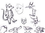  2019 ambiguous_gender antelope anthro barefoot bovid buckteeth canid canine cheek_tuft clothed clothing didelphid dipstick_ears disney ear_markings english_text facial_markings fan_character fox fuel_(artist) fuel_(character) fur fur_markings gazelle greyscale group gun handgun hands_in_pockets hands_on_hips head_markings head_tuft hi_res holding_object holding_weapon horn jack_savage judy_hopps lagomorph leporid looking_at_viewer lutrine mammal markings marsupial monochrome multicolored_ears mustelid neck_tuft nick_wilde oliver_(fuel) open_jacket open_mouth open_smile pistol pockets rabbit ranged_weapon shrug simple_background sketch_page skye_(zootopia) smile standing teeth text tongue tongue_out tuft weapon whiskers white_background zelda_(fuel) zootopia 