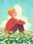  1boy ^_^ absurdres alphonse_elric black_pants blonde_hair blue_sky blurry blush blush_stickers closed_eyes cloud cloudy_sky commentary crossed_arms daisy day depth_of_field english_commentary field flower flower_field full_body fullmetal_alchemist grass happy highres idledee knees_up long_sleeves male_focus nature outdoors pants profile red_shirt shirt sitting sky smile white_flower 