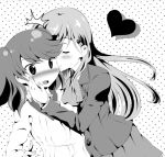  2girls ascot cheek_kiss commentary_request greyscale hair_ornament hairclip heart hug jacket kantai_collection kiss long_hair long_sleeves monochrome multiple_girls no_hat no_headwear pleated_skirt polka_dot polka_dot_background ryuujou_(kantai_collection) school_uniform skirt surprise_kiss surprised suzuya_(kantai_collection) twintails yamaneko_suzume 