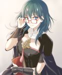  1girl armor bespectacled black_armor blue_eyes blue_hair book byleth byleth_(female) closed_mouth fire_emblem fire_emblem:_three_houses glasses holding holding_book red-framed_eyewear shinkanoshin simple_background smile solo upper_body white_background 