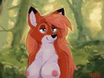  2019 4:3 anthro areola bedroom_eyes big_breasts blue_eyes breasts canid canine day digital_media_(artwork) eyelashes female forest fox front_view fur grass hair half-closed_eyes long_hair mammal multicolored_fur nature nipples nude orange_hair outside pink_nipples portrait rain420 seductive smile solo tree tuft white_fur 